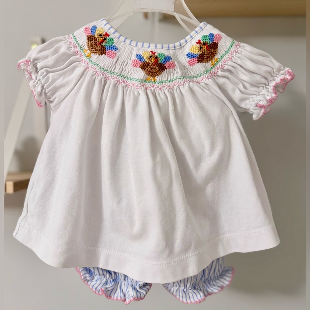 EUC Smocked Turkey Set by Petit Bebe 12 Months